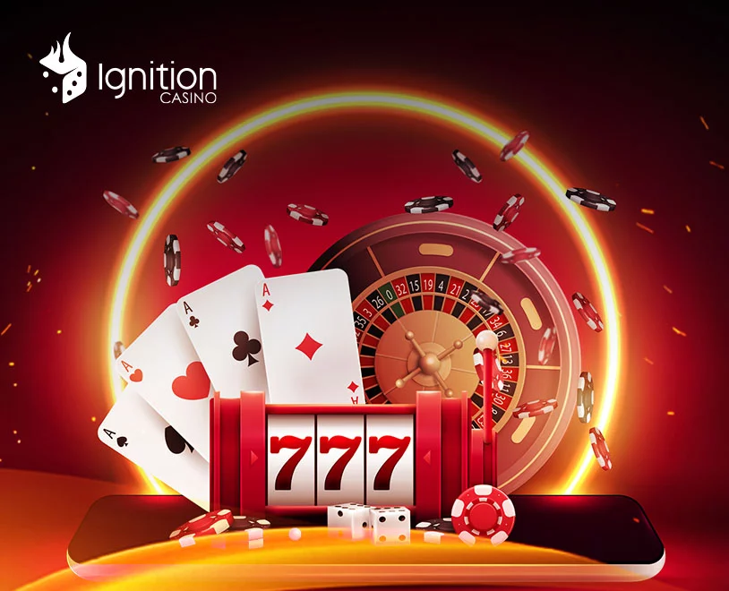 Casino items like cards, dice, chips and roulette wheel popping out from a phone
